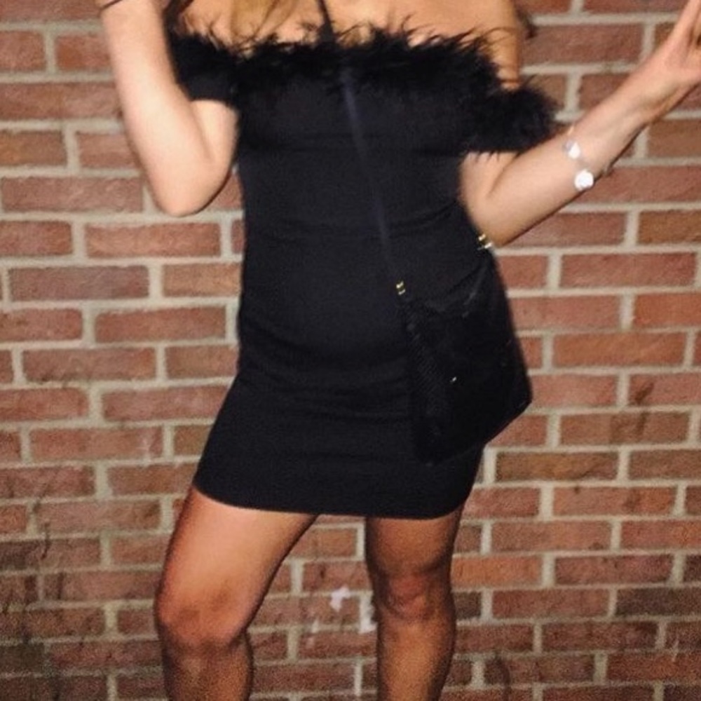 Nasty Gal off shoulder black feather dress